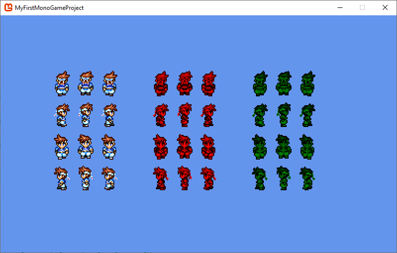 Three sprites drawn on screen with different tinting.
